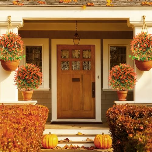28" Artificial Fall Flower Bushes with Ground Stakes – Artificial Topiary Tree with Eucalyptus Orange Faux Floral Plants with Autumn Leaves for Outdoor Thanksgiving, Garden, Pathway, Porch Décor - color: Orange