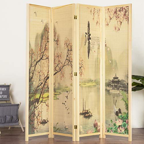 MyGift 4-Panel Folding Bamboo Room Divider Asian-Inspired Cherry Blossom Scene, 6 FT Freestanding Floral Artwork Room Partitioner with Beige Wood Frame - color: Beige (Floral), size: 4 Panel