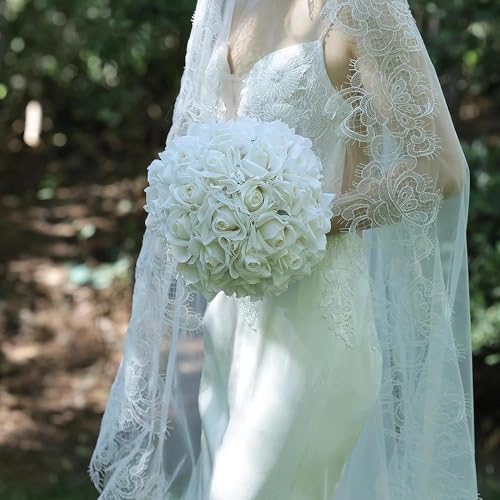 10 Inch Wedding Bouquets for Bride, Morandi Ivory Cream White Real Touch Rose Bridal Bouquet, Artificial Flower Bouquet for Wedding Ceremony, Prom, Bridal Shower - size: 10 Inch