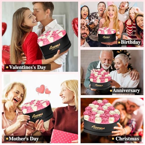 ADDWel Preserved Roses Bouquet for Her Anniversary, Birthday Flower Gifts for Women, 27-Pieces Eternal Roses with Natural Fragrance in Heart-Shape Box for Wife Girlfriend Mom - color: Pink & White - 27 Roses