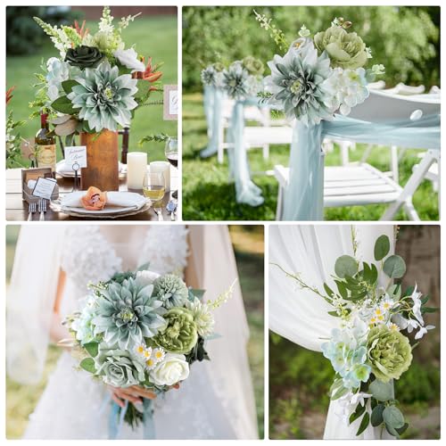 AmyHomie Forest Sage Green White Artificial Flowers Combo Silk Rose Fake Flowers w/Stem for DIY Wedding Bouquets Centerpieces Arrangements Table Decor Party Bridal Baby Shower Christmas Decorations - color: Forest Green