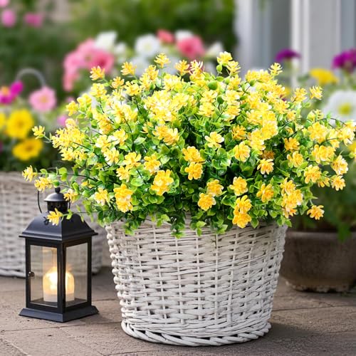 12 Pack Artificial Flowers & Plants for Outdoor Decor - Faux Eucalyptus & Lavender Greenery Shrubs - Fake Plants for Garden, Porch, Patio, Cemetery - Spring & Autumn Home Decoration - color: Yellow