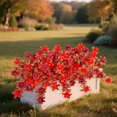 Fall Flowers Artificial for Decoration, Fake Silk Rhododendron Flowers for Outdoors, 2 Bundles Faux Azalea Outside UV Resistant No Fade Floral for Home Garden Balcony Walkway Wedding Party Decor - color: Y-orange Red