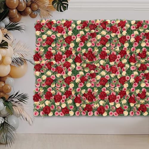 12 Pcs Artificial Flower Wall Panels Silk Dahlia Rose 3D Faux Flower Backdrop Panels Background Decorative for Wedding Celebrations Festive Party Home, 23.62 * 15.74in (Red-1) - color: Red-1