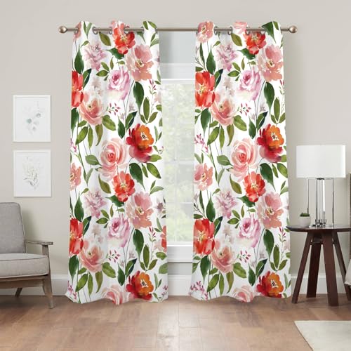 Renaiss Watercolor Flowers Curtains Rose Peony Floral Print Blackout Window Curtain Panels Thermal Insulated Grommet Top Window Curtains for Living Room Bedroom 29W x 45L Inch 2 Panel Set - color: Orange Pink, size: 29"W x 45"L (Pack of 2)