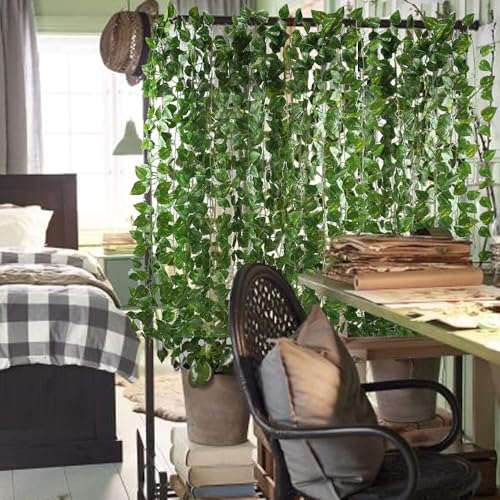 12 Pack 84Ft Artificial Vines Hanging Greenery Garland Leaves Wall Room Ceiling Decor Fake Vines for Home Kitchen Bedroom Garden Wedding Jungle Party Enchanted Forest Decorations - color: Green-12