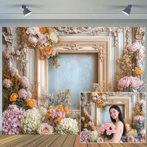 7X5ft Retro Wall Wedding Backdrops Frame Style Colorful Flowers Wall Background Medieval Building Photo Background for Mothers Day Bridal Baby Shower Birthday Girls Women Decoration Backdrop - color: Multi, size: 7X5ft