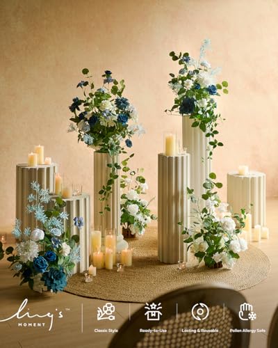 Ling's moment 36" Tall Free Standing Artificial Flowers Arrangements 2 pcs Wedding Arch Altar Stage Decorations Dusty Blue Navy for Ceremony Reception Silk Rose Fake Floral Party Outdoor Beach Decor - color: Blu-dusty Blue & Navy