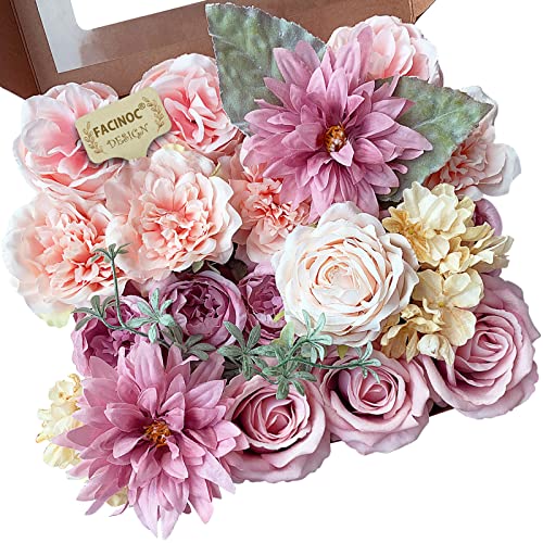 FACINOC Roses Artificial Flowers Pink Bouquets Box Set Fake Flower Bulk for DIY Wedding Bridal Baby Shower Decorations Party Table Centerpieces Silk Floral Arrangements for Home Decor Indoor - color: Y(pink, Peach)