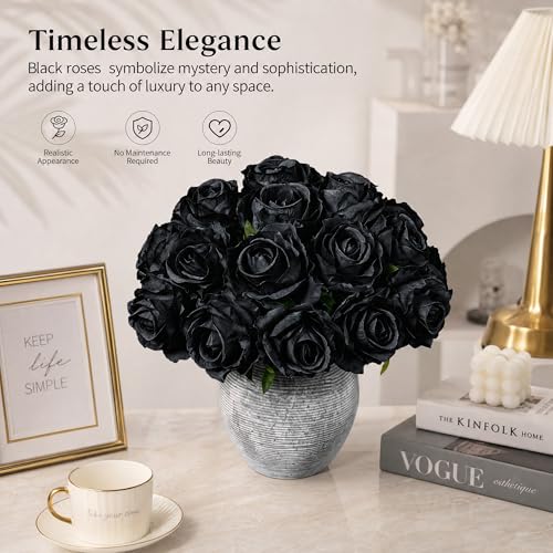 Ivydale 18pcs Black Roses Artificial Flowers, Fake Roses Silk Flowers with Stems Realistic Bouquet for Valentine's Day Wedding Party Home Decoration DIY Centerpiece Floral Romantic Gifts - color: Rose-black