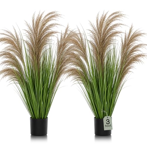 Jexine 2 Pcs Pampas Grass Potted Plants 3 ft Tall Artificial Grass Potted Artificial Greenery Floor Plants Tall in Pot for Housewarming Gift House Garden Bathroom Lobby Outdoor Decoration (Greeny) - color: Greeny, size: 3 ft