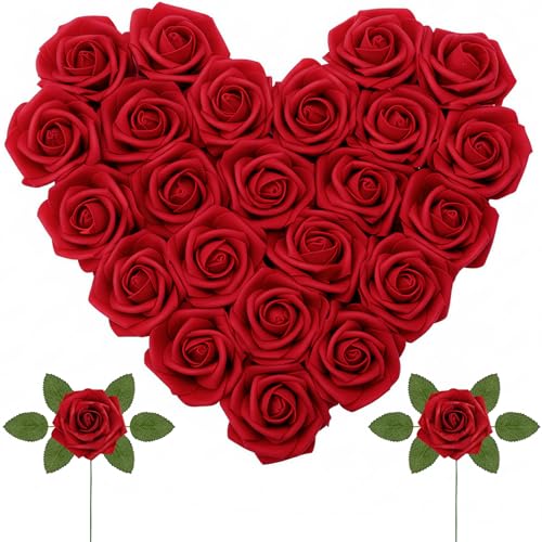 Lifewit Artificial Flowers, 25 Pcs Dark Red Foam Real Looking Roses with Stems, Fake Roses for DIY Wedding Bouquets, Centerpieces Arrangements, Valentine Decorations - color: Dark Red