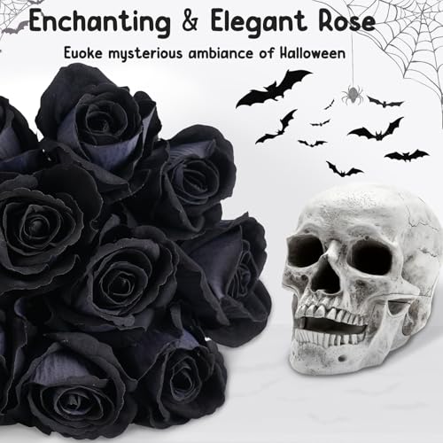 12 Pcs Black Roses Artificial Flowers with Long Stem, Faux Silk Rose Bouquet Realistic Lifelike Fake Floral Bundles for Halloween Valentine's Day Wedding Party Table Centerpiece Decor, Small - color: Black, size: Small