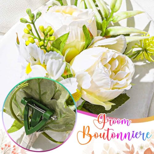 Wedding Rose Boutonniere Groom Flower Buttonholes Prom Suit Decoration for Men (White) - color: White