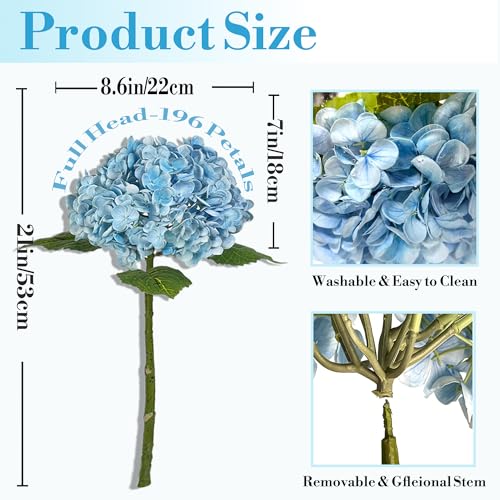 3 Pcs Real Touch Hydrangea Artificial Flowers, Pet-Safe 3D Latex Blue Hydrangeas, Faux Flowers for Wedding Centerpiece Bridal Shower Home Decor Bedroom Nightstand Baby Shower - color: Blue
