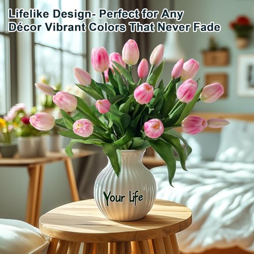 Bailikang 20PCS Fake Tulips Artificial Tulip Silk Flowers Fake PU Bouquet Artificial Flowers Faux Flowers with Gift Box Soft Faux Tulips Bouquets Arrangements for Party Wedding Home - color: Pink+light Pink