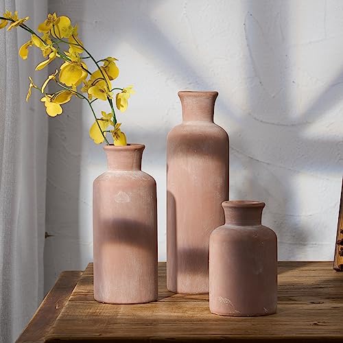 LUKA Ceramic Rustic Farmhouse Vase,Terracotta Vases for Decor,Vase Set of 3,Vases for Your Bedroom,Office,Living Room,Fireplace,Bookshelf Decor,Housewarming 10+7.5+5 Inch - color: Terracotta