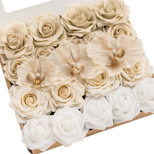 Ling's moment Artificial Flowers Fake Silk Orchid Faux Foam Roses Combo for DIY Wedding Bouquets Centerpieces Arrangements Bridal Shower Party Home Decorations, Tawny Beige & Sand Beige, 21pcs - color: Beg-tawny Beige & White