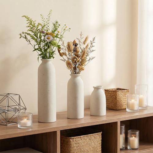 CEMABT Beige Ceramic vase Set-3 Flower vases for Decor,Modern Boho Farmhouse Home Decor,Decorative vase for Pampas Grass&Dried Flowers,idea Shelf,Table,Bookshelf - color: 3set-tall Beige