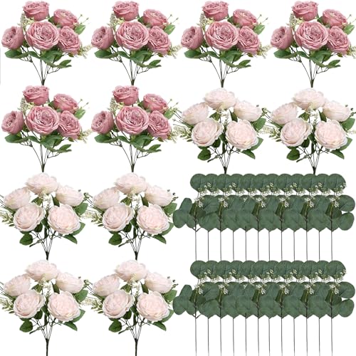 Peonies Artificial Flowers Bulk, 12 Bundles Fake Silk Peonies Faux Eucalyptus Bouquet Realistic Peony Floral Arrangement for Wedding Table Centerpiece Vase Decor (Dusty Pink & Light Pink) - color: Dusty Pink & Light Pink