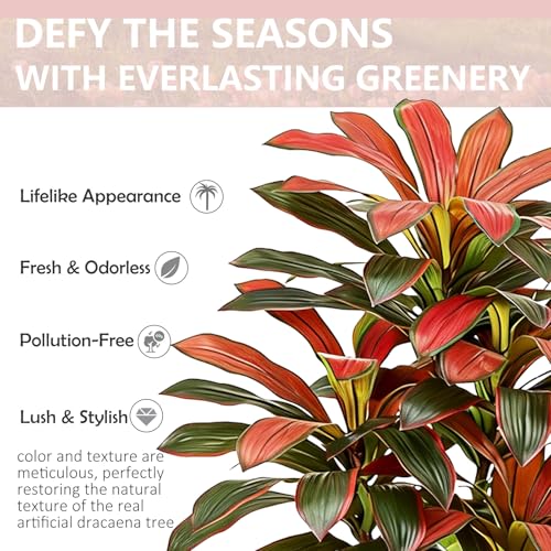 Artificial Red Dracaena Tree - 6FT Tall Fake Plants with Black Square Planter - Artificial Plants Indoor Floor Plant in Pot - Large Tropical Fake Yucca Potted Tree for Home Office Living Room Decor - color: Black-red Leaf, size: 6 FT