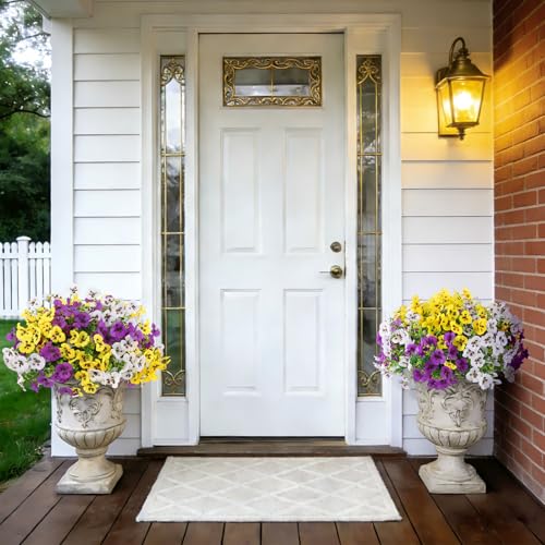 Artificial Pansies Flowers for Outdoor Faux Flower Spring Summer Decor, 12 Bundles Realistic Fake Silk Flowers Outside UV Resistant for Porch Patio Garden Home Yard Window Planter Purple Yellow White - color: Purple Yellow White