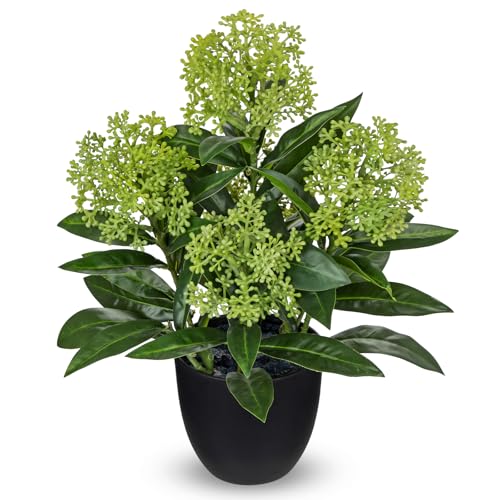 Briful Artificial Potted Flowers, 14.2in Realistic Faux Skimmia Japonica Flowers with Berries Silk Floral Centerpiece for Home Office Bathroom Kitchen Shelf Table Decor, Green - color: Green