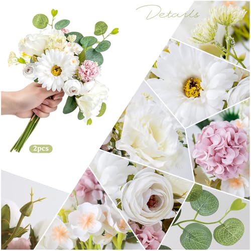 Zerzsy Artificial Flower Small Bouquet, 2 Bouquets Mixed Pink Artificial Peonies, Fake Flowers Bride Holding Flower Faux Flora Vase Decorating for Bride Spring Home Desk Table Centerpiece Decor - color: White-4, size: 2 Bouquets