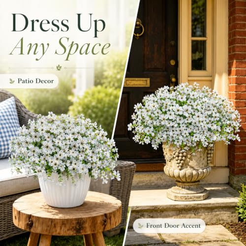 Artificial Flowers for Outdoors UV Resistant, 12 Bundles Realistic Faux Daisy with Eucalyptus Leaves Fake Plants for Porch Patio Planter Garden Decoration (White) - color: White