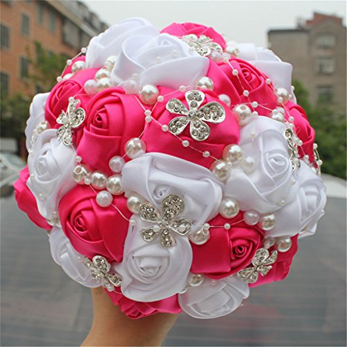 S_SSOY Wedding Bouquet Bride Bridal Brooch Bouquets Bridesmaid Bouquet Diamond Pearl Ribbon Valentine's Day Confession Party Church with Free Corsage Flower, Rose+White - color: Rose+white