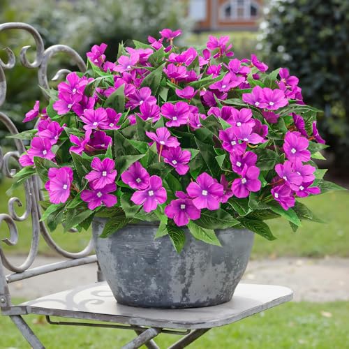 6 Pcs Artificial Flowers for Outdoors Fake Silk Periwinkle Flowers Faux Plants UV Resistant Bouquet Decorations for Planters Spring Summer Garden Porch Patio Window Box Balcony Home, Purple - color: Purple