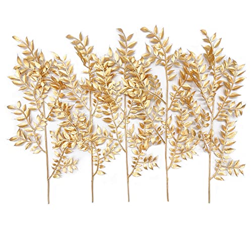 Fake Plants Leaves Christmas Decoration, PASYOU Gold Artificial Shrubs Grass Foliage Plastic Bulk Leaf Indoor Outdoor Home Garden Party Hotel Verandah Wedding Event Faux Decor Ornaments, Golden 5 Pack - color: Gold Foliage - 5 Pack