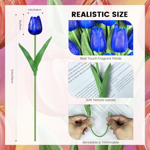 30 PCS Artificial Tulips Real Touch Tulips 13.5inch Long Stem Fake Flowers Silk Flowers for Spring Easter Mother's Day Decorations（Royal Blue） - color: Royal Blue