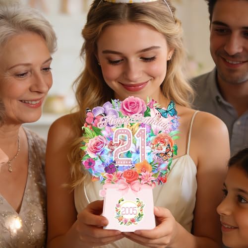 21st Birthday Cards, Light and Music 21 Years Old Happy Birthday Card, Rose Lily Orchid and Butterflies, 10 InchForever Flower Bouquet 3D Pop Up 2005 Birthday Gift Card for Women Wife Mom Daughter Sister - size: 2005-21st