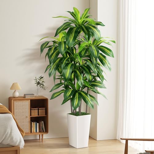 Artificial Dracaena Tree Indoor, 5FT Tall Fake Tree with White Tall Planter, Artificial Tree Fake Yucca Potted Tree for Home Office Living Room Decor, Tall Artificial Plant for Housewarming - color: White, size: 5ft
