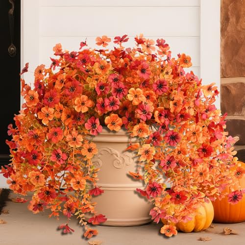 INQCMY Artificial Fall Flowers for Outdoors Fake Mums Hanging Flowers Plants 2Pcs UV Resistant Faux Flowers for Porch Patio Outdoor Decor Home Decor (Orange Autumn Red) - color: Orange Fall Red