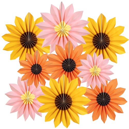 PAPER JAZZ Sunflower Party Decorations: 9 Sunflower Paper Fans & Flower Garlands, Summer Orange Pink Sunflowers, Wedding & Baby Shower Decor - color: Sunflowers