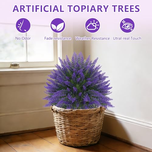 Grooy Artificial Lavender Topiary Ball, Set of 2 Artificial Boxwood Shrub Bushes with Ground Spike, Fake Evergreen Tree for Porch, Artificial Plants for Outdoor Planters Indoor UV Resistant - color: Lavender Ball