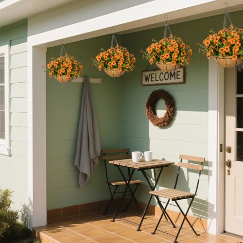 Fall Artificial Flowers for Outdoors with Basket,UV Resistant Realistic Fall Flowers Outdoor Fall Faux Flowers for Yard Porch Patio Garden Home Decor,12 Bundles(Orange) - color: Orange