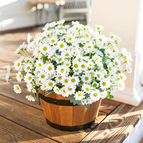 Daisy Artificial Flowers for Outdoors Decoration, 6 Bundles Fake Plants Flowers Bouquet Faux Flowers for Outdoor Planter Look Real UV Resistant Silk Flowers for Outside Front Door Porch Patio, White - color: White-6 Bundles