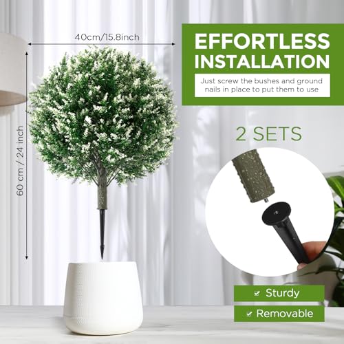Lunmon 2 Pack 24" Artificial Topiary Ball Plants Trees with Flowers, Outdoor Fake Topiary Plants with Ground Spike, UV Resistant Faux Bushes for Indoor Outdoor Front Door Decor(White,Lavender) - color: White, style: Lavender