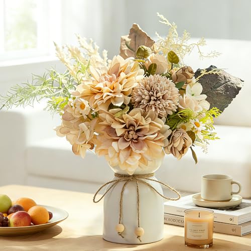 Fake Flowers with Vase Silk Dahlia Artificial Flowers in Vase Faux Hydrangea Flowers Arrangements with Vase for Home Office Decoration Dining Table Centerpiece (Coffee) - color: Coffee