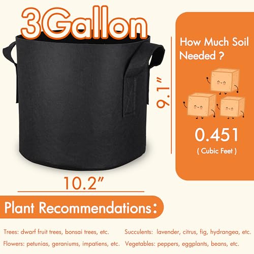 Gardzen 6-Pack 3 Gallon Grow Bags, 300G Thickened Nonwoven Fabric Pots with Handles, Heavy Duty Aeration Plant Bags for Gardening and Container Growing - size: 3 Gallons