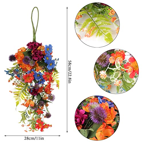 22.8in Artificial Daisy Teardrop Swag, Colorful Floral Swag with Green Leaves, Fake Daisy Flower Swag Front Door Decorative Swag for Door Wall Wedding Arch Decor(Colorful)