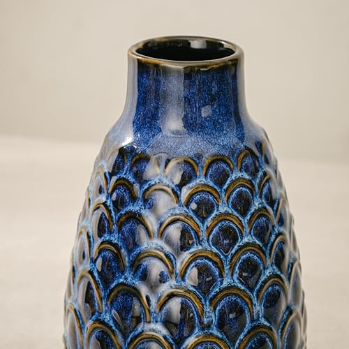 Ceramic Flower Vase, 9.06” Vintage Blue Pottery Vase for Home Decor, Rustic Textured Vase for Pampas Grass, Living Room, Entryway, Mantel, Kitchen Table, Centerpiece - color: 403-blue