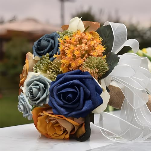 [25PCS] Navy Blue Roses Artificial Flowers with Long Stem Real Touch Fake Foam Roses for Decoration DIY Wedding Bouquets Centerpieces Bridal Shower Flower Arrangements Home Decor - color: Navyblue