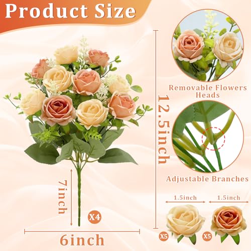 TURNMEON 40 Heads Fake Roses Artificial Flowers for Outdoors Summer Decor, 4 Bouquets UV Resistant Fake Cemetery Flower Bouquet Faux Silk Roses for Wedding Birthday Home Cemetery Decor(Champagne) - color: Champagne