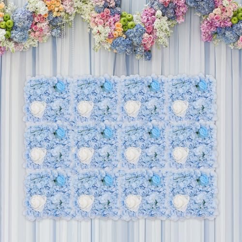 12Pcs Artificial Flower Wall Panel 3D Floral Backdrop Walls15 X 15" Flower Wall Decor Panel Flower Backdrop for Party Home Background Decor, Blue & White - color: Blue, White