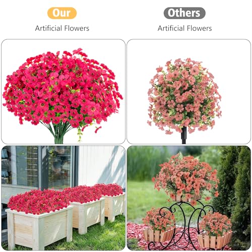 12 Bundles Artificial Flowers for Outdoor Fake Plastic Flowers Faux Plants for Decoration Hanging Planters Indoor Outside Garden Porch (Rose Red) - color: Rose Red-12 Bundles