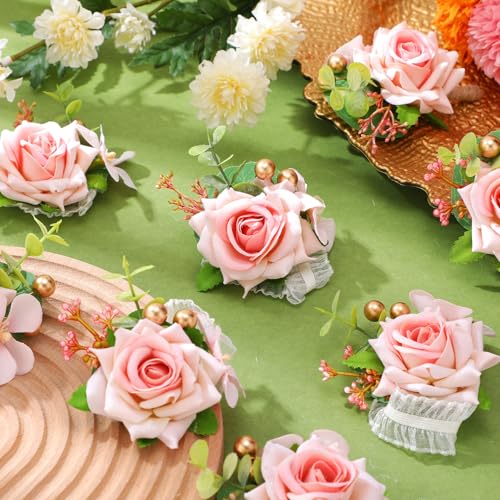 Sherr Pink Set of 12 Rose Wrist Corsages for Wedding Corsage Flower Wristlet Floral Wedding Wrist Bridal Rose Leaf Hand Flowers for Bride Bridesmaid Prom Engagement Festival - color: Pink
